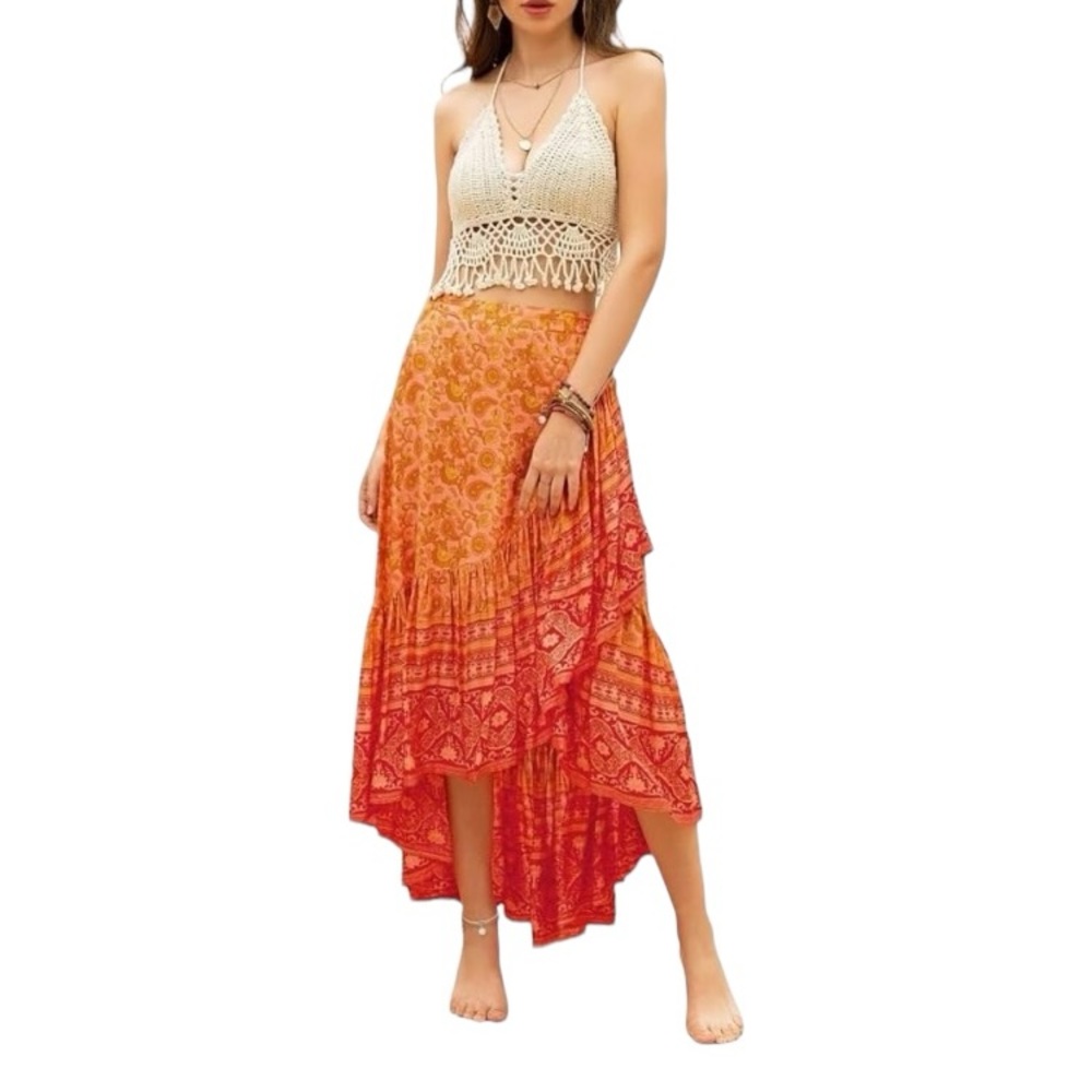 Rustty Dustty Style Ruffle Maxi Skirt Modern Bohemian Crush Viscose Peach Fuzz L